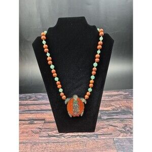 Vtg Lee Sands Turtle Necklace Abalone Inlay Bayong Wood Jade Sterling Clasp 22"